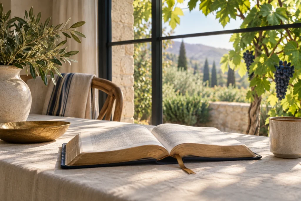 An open Bible beside a sunlit window overlooking grapevines.