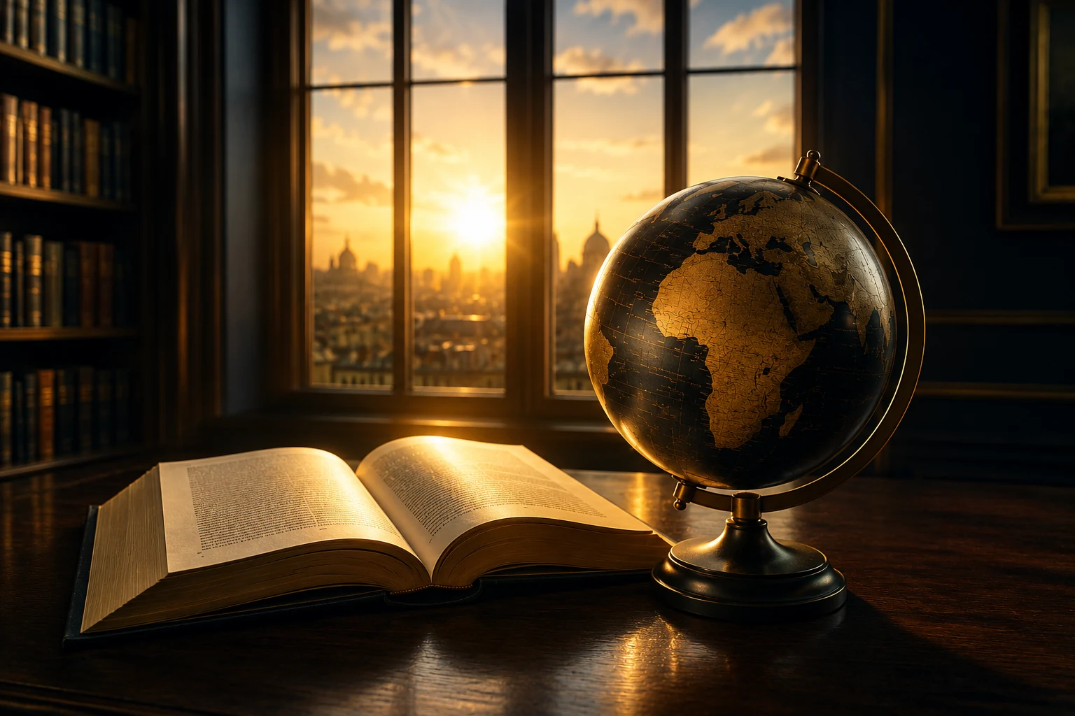 An antique globe and open book in a library at sunset.