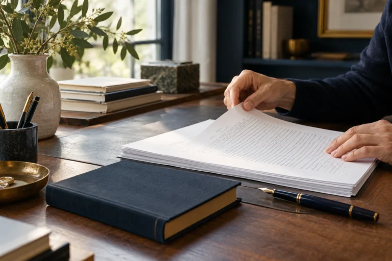 An author reviews a manuscript with a pen beside a navy clothbound book.