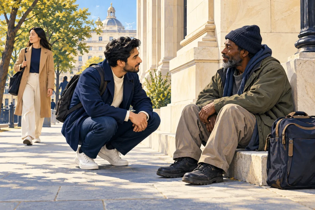 A traveller stops beside someone on a path while another continues walking.