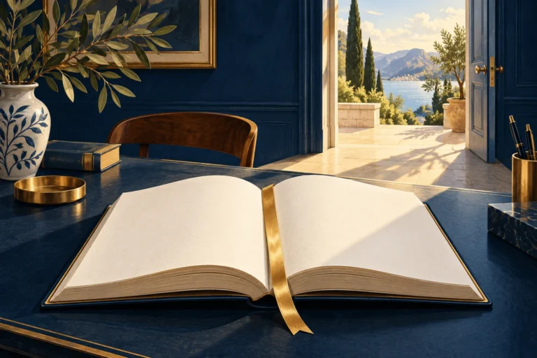 An open manuscript and a doorway suggest moving from an idea to its use.