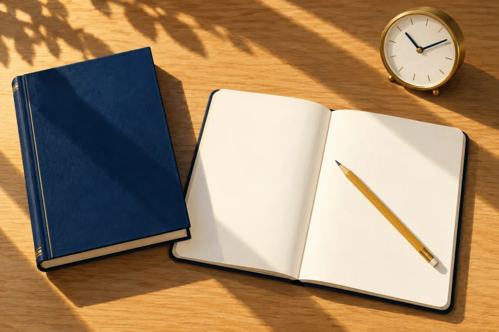 A notebook, closed textbook and clock mark a deliberate stopping point in study.