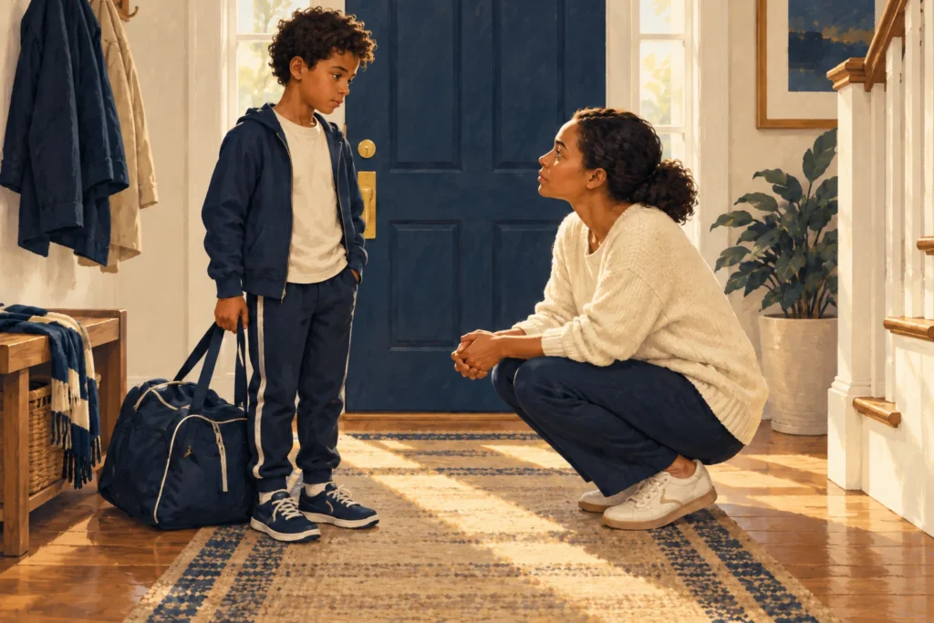 A parent listens at a child’s height beside a bag prepared for an activity.