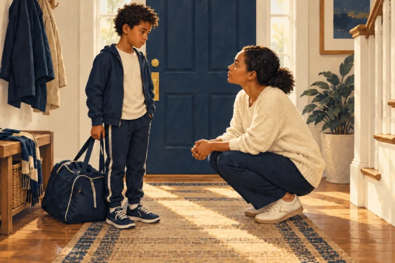 A parent listens at a child’s height beside a bag prepared for an activity.