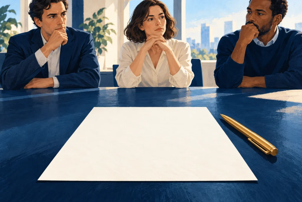 A meeting table and an unfinished page suggest a decision still awaiting confirmation.