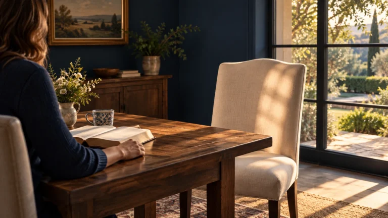 An empty ivory chair faces a woman and an open Bible at a sunlit wooden table.