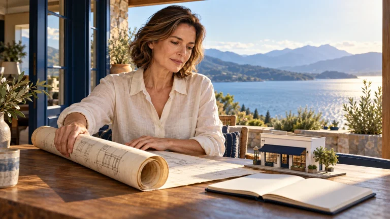A woman rolls up an architectural plan beside a shop model and open notebook overlooking a lake.