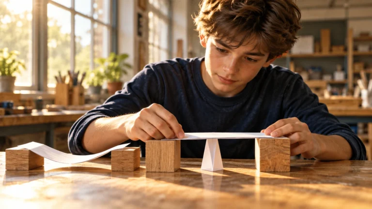 A learner tests a paper bridge with a central support beside an earlier bowed span.