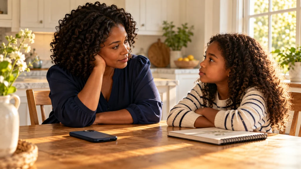 A mother listens to her daughter with a phone resting face down on the kitchen table.