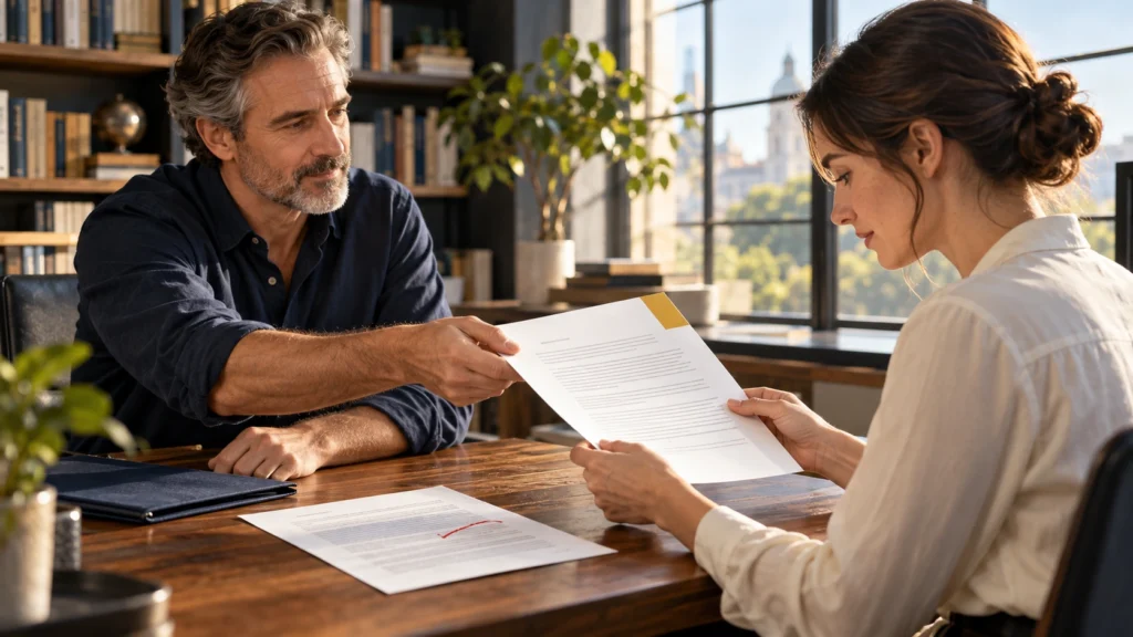 An editor hands a colleague a proof marked with a gold tab while an earlier marked sheet lies on the desk.