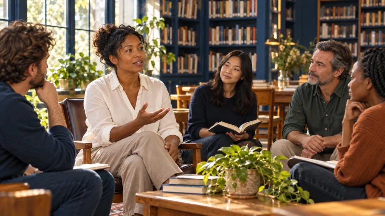 A woman shares her perspective with four listeners during a library discussion.