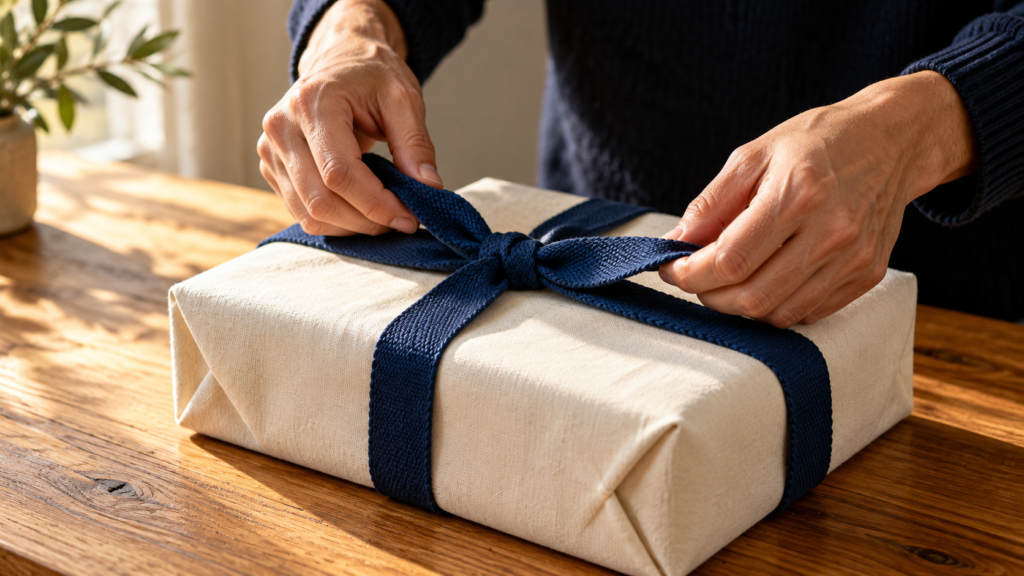 Hands adjust a navy strap around an ivory parcel.