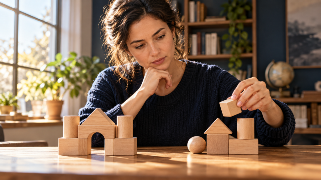A learner compares two arrangements of wooden geometric pieces.