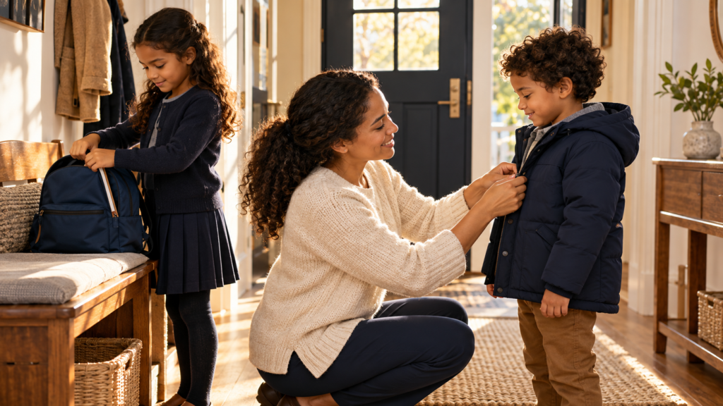 A parent helps one child with a coat while another prepares a bag.
