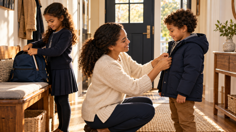 A parent helps one child with a coat while another prepares a bag.