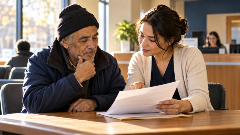 Two adults review a document together in a public-service waiting room.