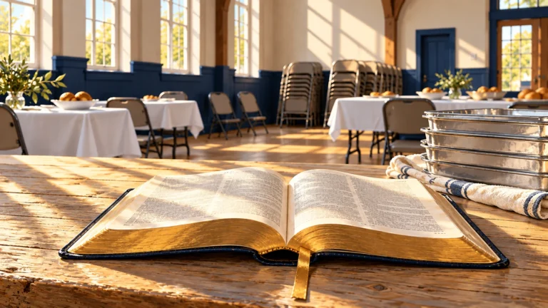 An open Bible rests in a quiet church hall beside stacked trays and folded chairs.