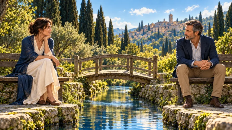 Two adults sit apart in a garden, with a small wooden bridge between their benches.