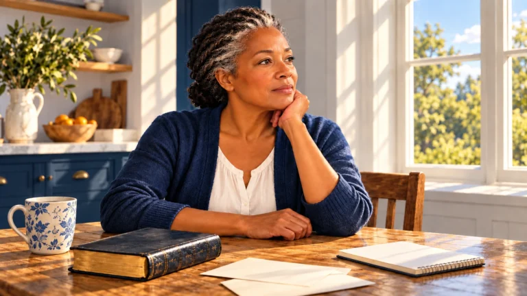 A woman considers two envelopes and a notebook beside a closed Bible at a kitchen table.