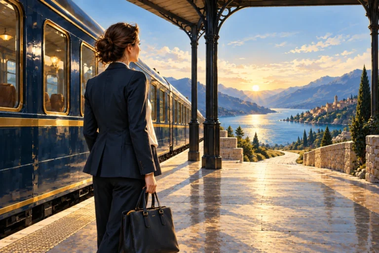 A woman with a work bag looks beyond a train platform toward a sunlit path.