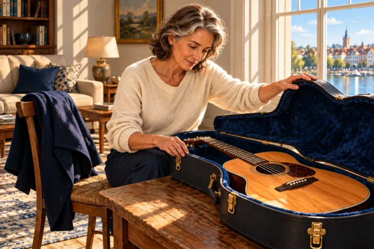 An adult opens a guitar case in a sunlit room beside a draped work coat.