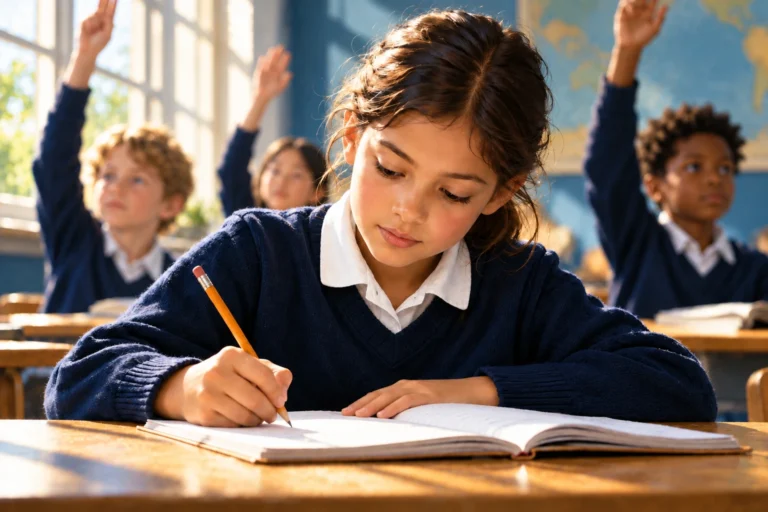 A student concentrates on a notebook while classmates raise their hands in the background.