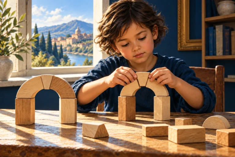 A child tests a new arrangement of wooden blocks beside a completed arch.