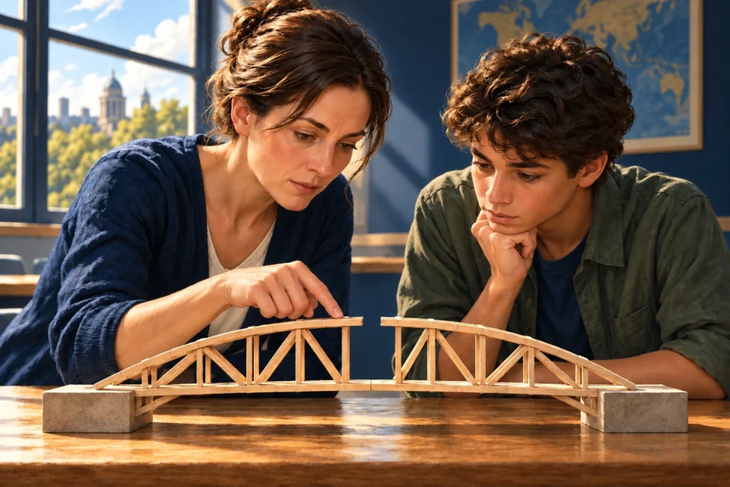 A teacher and learner examine a missing connection in a small bridge model.