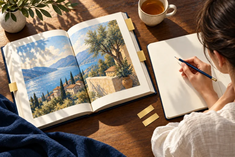 A reader pauses over an open book and notebook marked with paper tabs.