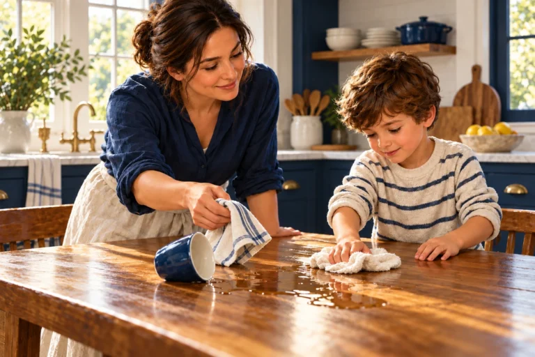 A parent and child work together to wipe water spilled from a tipped cup.