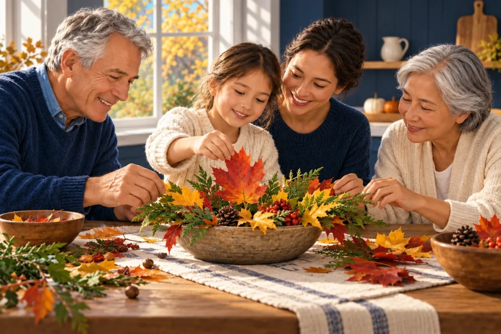 A child arranges leaves at a kitchen table while family members join in.