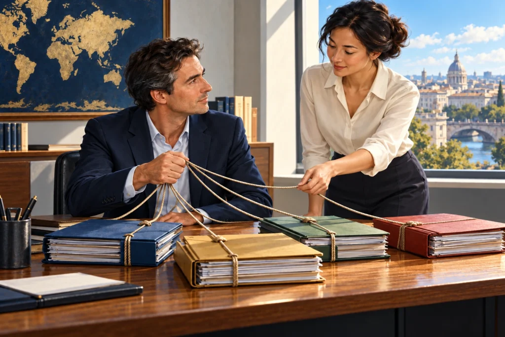 Two colleagues share responsibility for cords linked to a group of work folders.