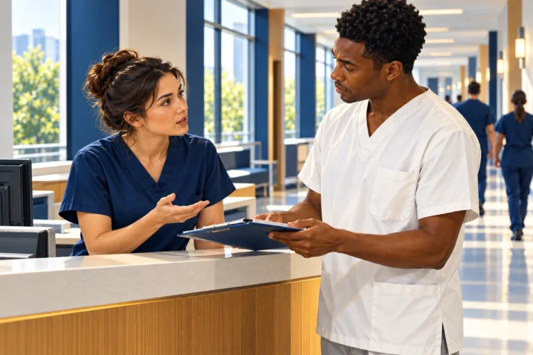 Two healthcare professionals clarify a clipboard handover at a corridor desk.