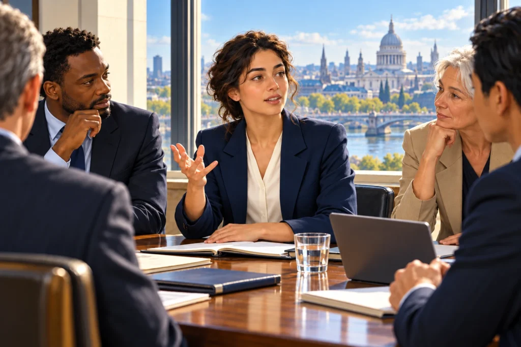 A professional raises a concern while colleagues at a meeting table turn to listen.