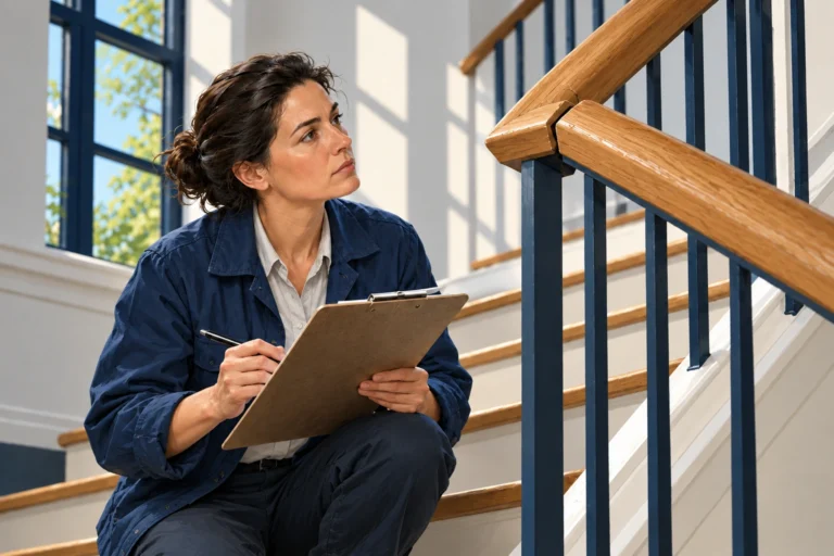 An inspector looks up from a clipboard to examine a handrail connection.