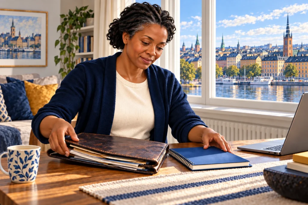 A professional arranges a work portfolio and language notebook in a new home.