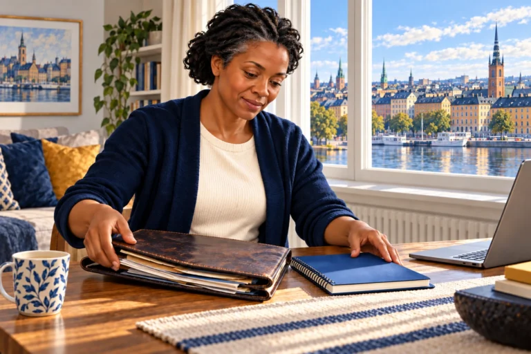 A professional arranges a work portfolio and language notebook in a new home.