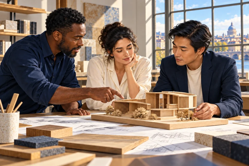 Three professionals with different backgrounds assess a crafted wooden model together.