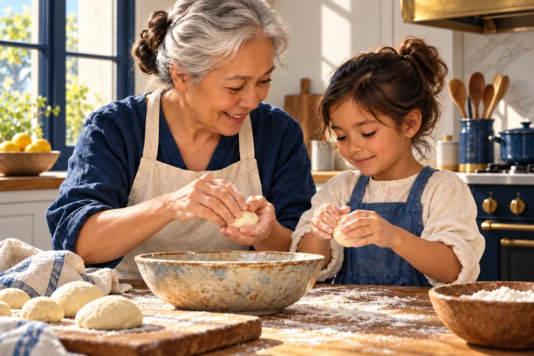 An older adult shows a child how to shape dough beside a well-used mixing bowl.