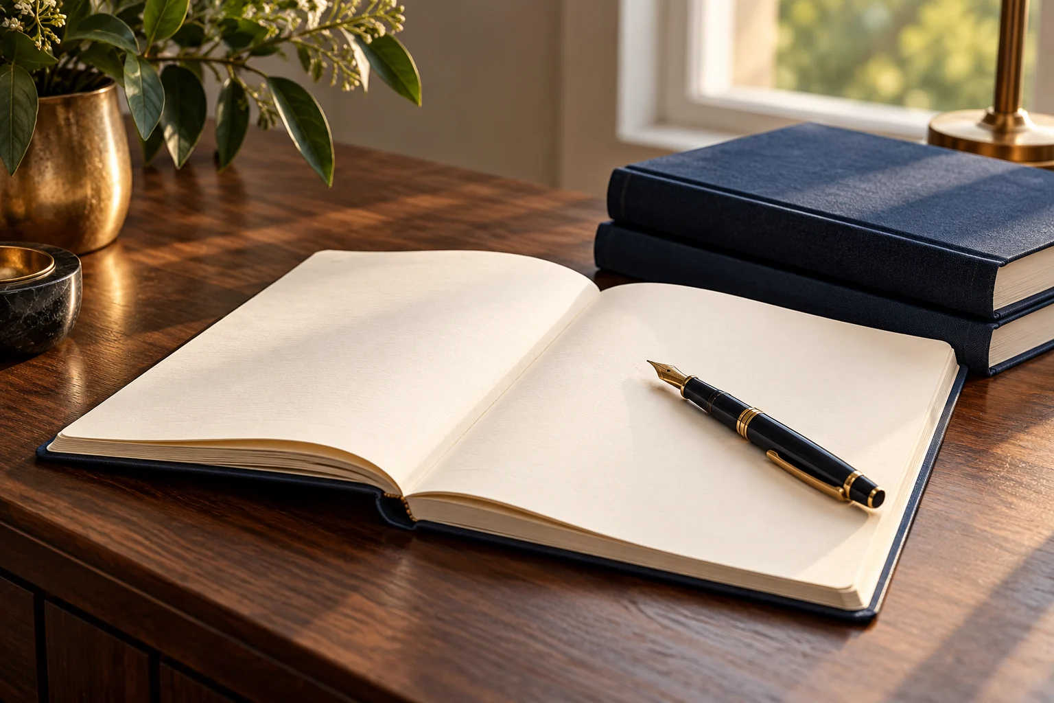 An open blank notebook and fountain pen beside navy books on a sunlit writing desk.