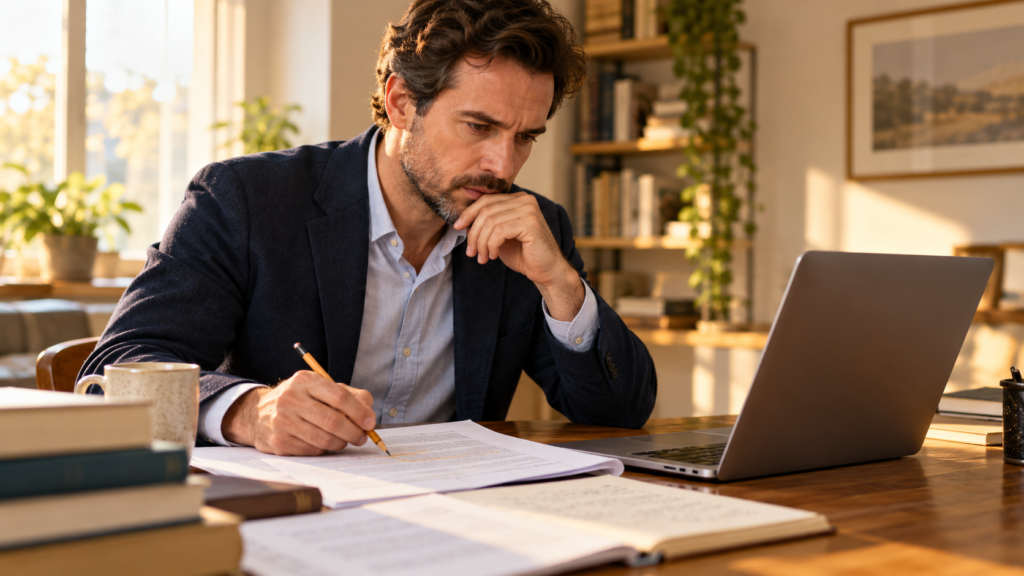 A professional compares a printed document with material on a laptop, marking a passage with a pencil.