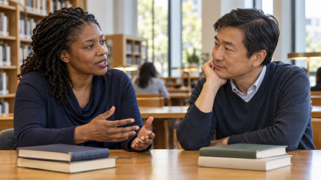 Two adults listen and speak attentively across a library table with books between them.
