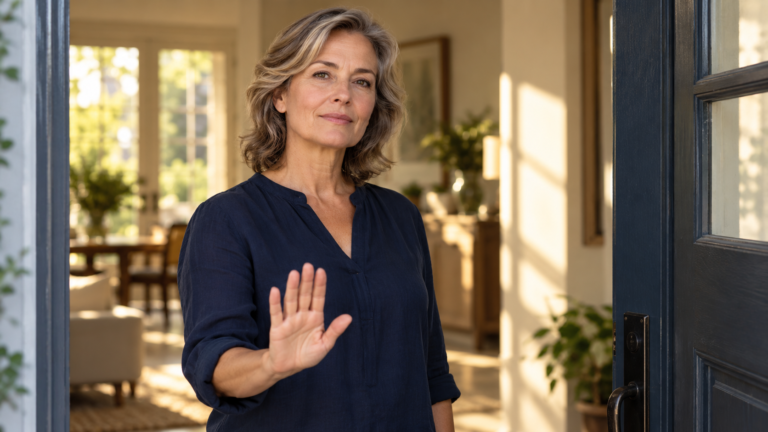 A woman stands calmly in a doorway with an open palm raised in a measured gesture.