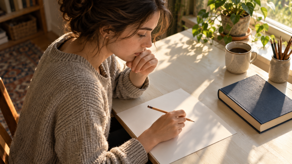 A learner holds a pencil over a blank page beside a closed navy book in window light.