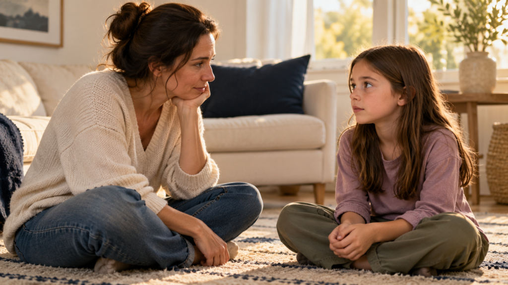A mother and daughter sit at eye level on a living-room rug, facing each other attentively.