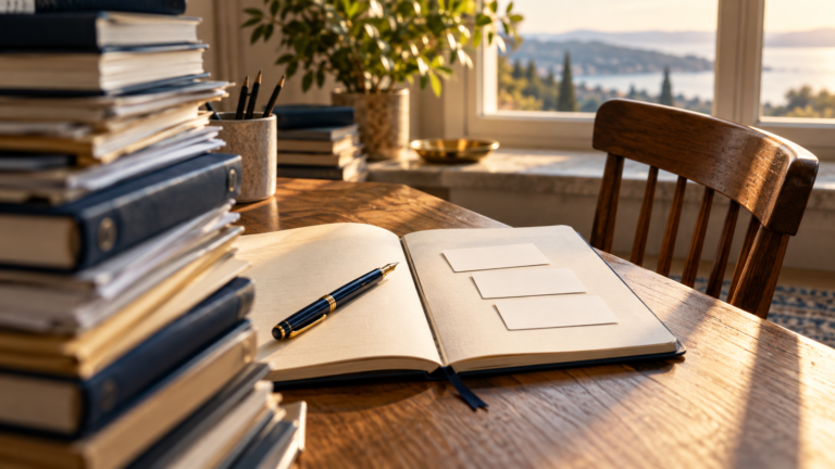 An open notebook and three blank cards sit beside a stack of books at a sunlit desk.