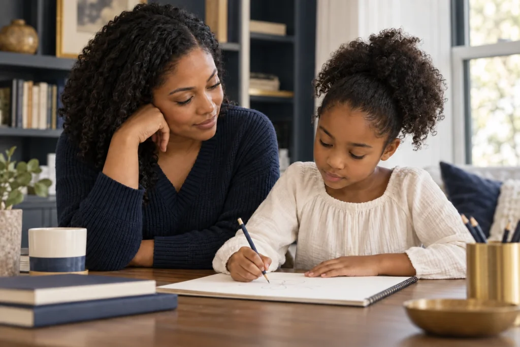 A mother patiently supports her daughter as she works in a notebook.