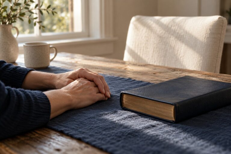 Hands resting beside a closed navy Bible on a sunlit wooden table.