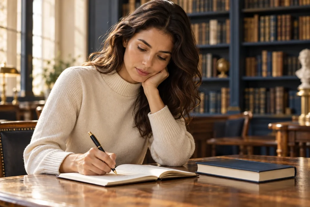A reader writes notes in a quiet library beside a closed navy book.