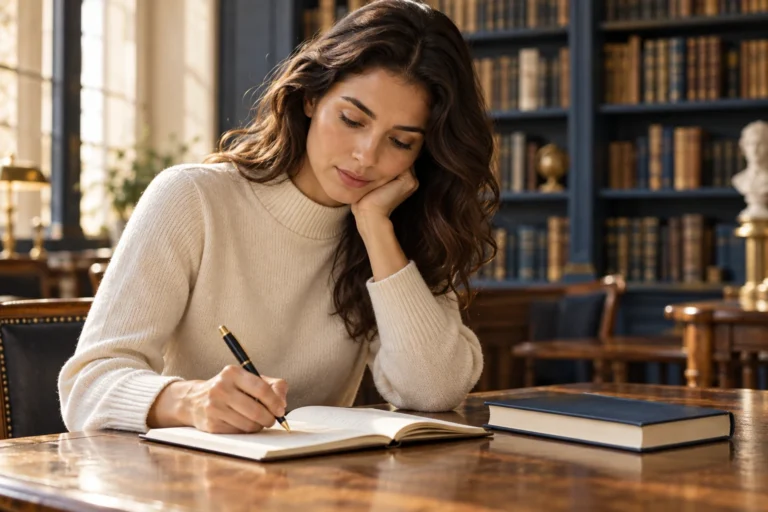 A reader writes notes in a quiet library beside a closed navy book.